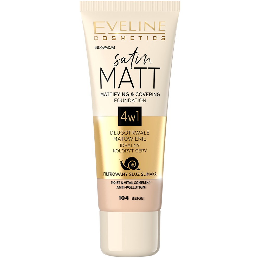 Eveline Cosmetics Satin Matt podkład matujący z ekstraktem ze śluzu ślimaka odcień 104 Beige 30 ml