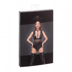 F183 Powerwetlook body with wide straps, tulle inserts and velvet choker L