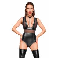 F183 Powerwetlook body with wide straps, tulle inserts and velvet choker L